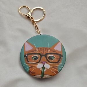 Women's Mirror Compact Keychain Bag Charm NWOT Cat Wearing Glasses Whimsical